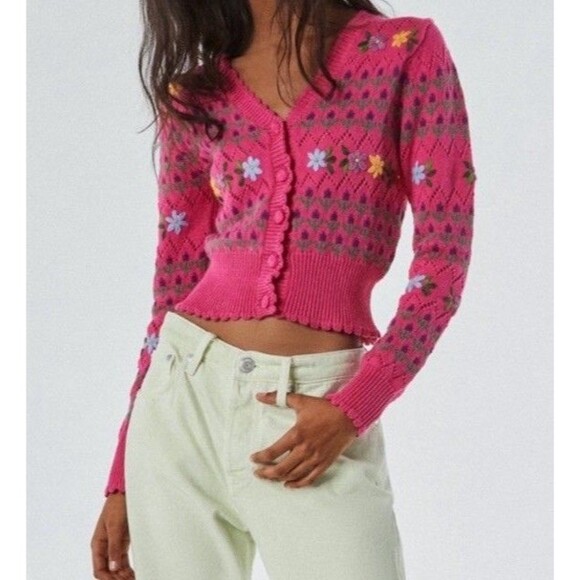 ZARA Womens Crop Cardigan Sweater Medium Pink Floral Cotton Cottagecore Repair - Picture 3 of 14